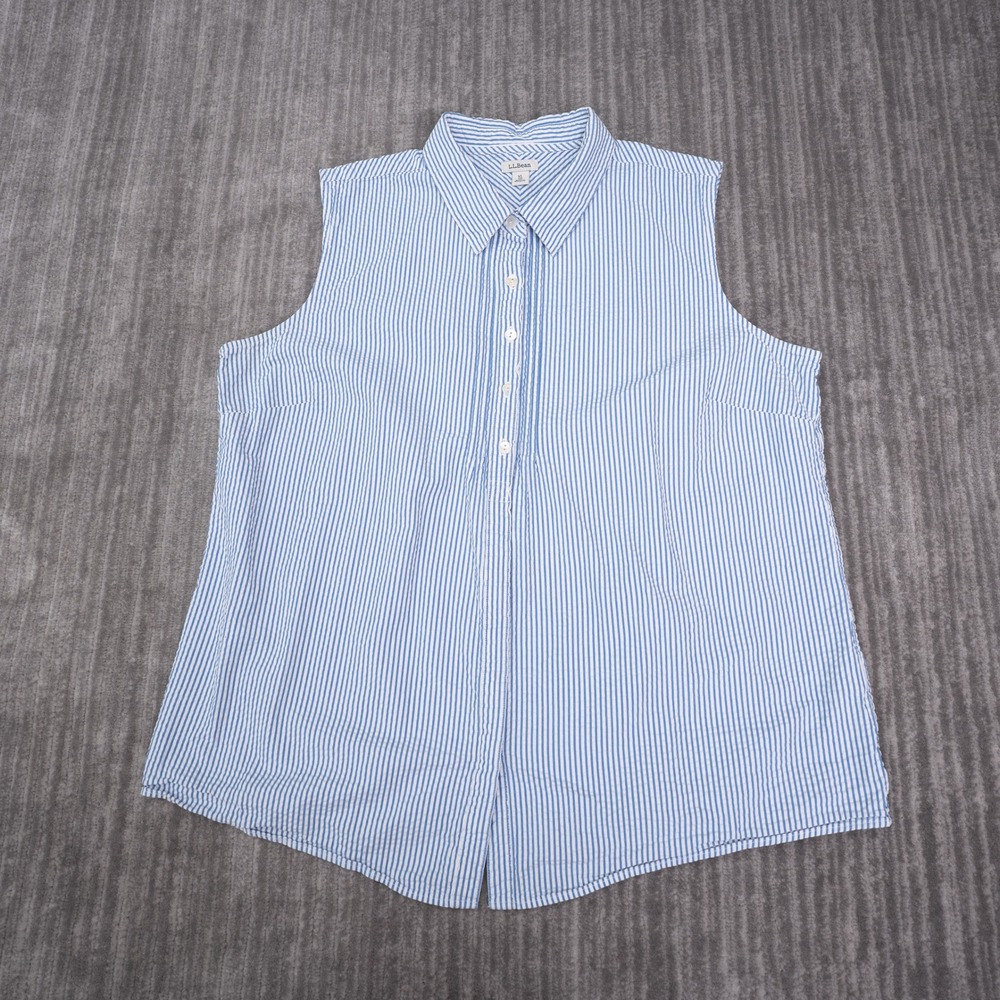 LL Bean Seersucker Shirt Womens XL Blue White Excellent Sleeveless Cotton Top